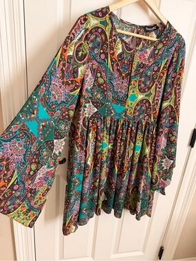 Boho Teal Paisley Long Sleeve Tunic by Basically Me